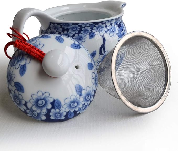 Small Teapot 12oz Blue White Porcelain Tea Pot with Stainless Filter Infuser for Loose Tea (pot flowers Beautify)