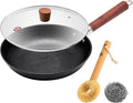 WANGYUANJI 11 Inch Cast Iron Skillet with Glass Lid, Deep Flat Bottom Frying Pan, Uncoated Naturally Nonstick Pan for Steak, Eggs & Stir-Fry, Compatible with Gas, Electric & Induction Cooktops