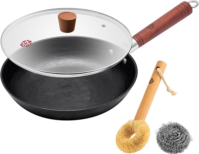 WANGYUANJI 10.2 Inch Cast Iron Skillet & Griddle Pan with Glass Lid, Deep Flat Bottom Frying Pan, Uncoated Small Pan for Eggs, Pancakes & Bacon, for Gas, Electric & Induction Cooktops