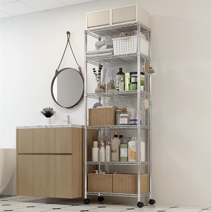 Karl home 6-Tier Storage Shelving with 1.5" Wheels,Adjustable NSF Metal Shelves Wire Storage Rack for Garage Kitchen Basement,1020LBS Capacity 72.83" H X 23.6" W X 13.78" D,Stainless S Hooks,Silver