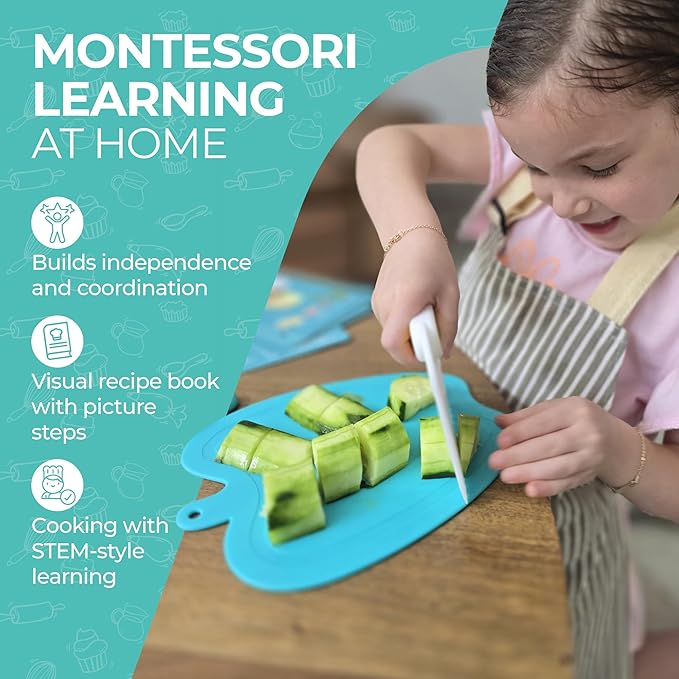 Tovla Jr. Toddler Cutting Set – Real Kids Knife & Chopper with Safety Gloves, Peeler & Visual Recipe Book – Montessori Cooking Tools Ages 3–8, Premium Gift for Kids