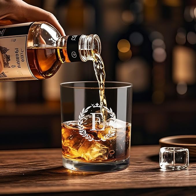 Personalized Whiskey Glasses Gifts for Men, Monogrammed Engraved A-Z 10.6 oz Rocks Glass Customized Gift, Unique Christmas Birthday Gifts for Men Him Dad Husband Brother Son (E)