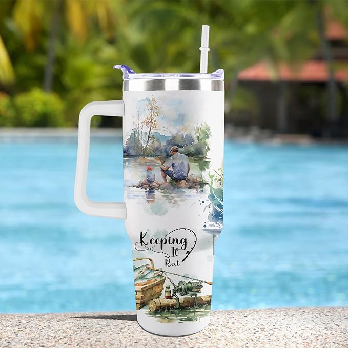 Fishing Gifts For Men 40oz Travel Tumbler for Fishing Lover Fathers Day Fishings Gift For Dad Grandpa Husband as Christmas Birthday Presents Fishings Lover Cup With Handle