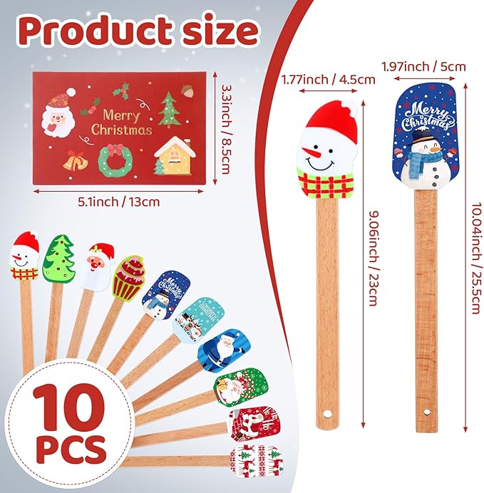Nitial 10-Piece Christmas Silicone Spatula Gift Set with Wooden Handle Santa Spatula for Kitchen & Baking, Includes Cards for Women - Vintage Color