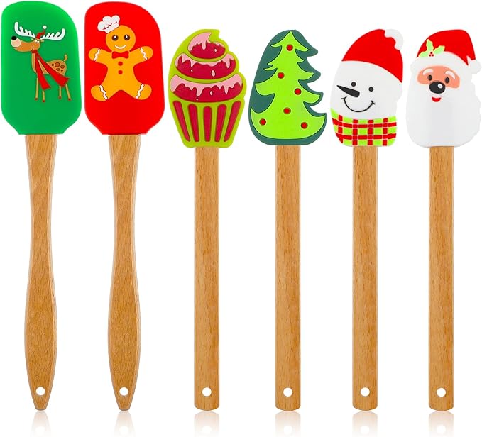 Patelai 6 Pcs Christmas Silicone Spatulas, Christmas Kitchen Utensils Holiday Baking Supplies, Xmas Cake Spatulas with Wooden Handle, Cute Pan Scraper Xmas Dish Scraper Cooking for Kitchen Mixing