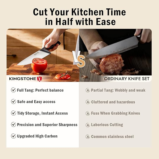 KINGSTONE 14-Piece Knife Block Set, High-Carbon Stainless Steel Knives with Ergonomic Non-Slip Handles, Ultra Sharp & Dishwasher Safe, Natural