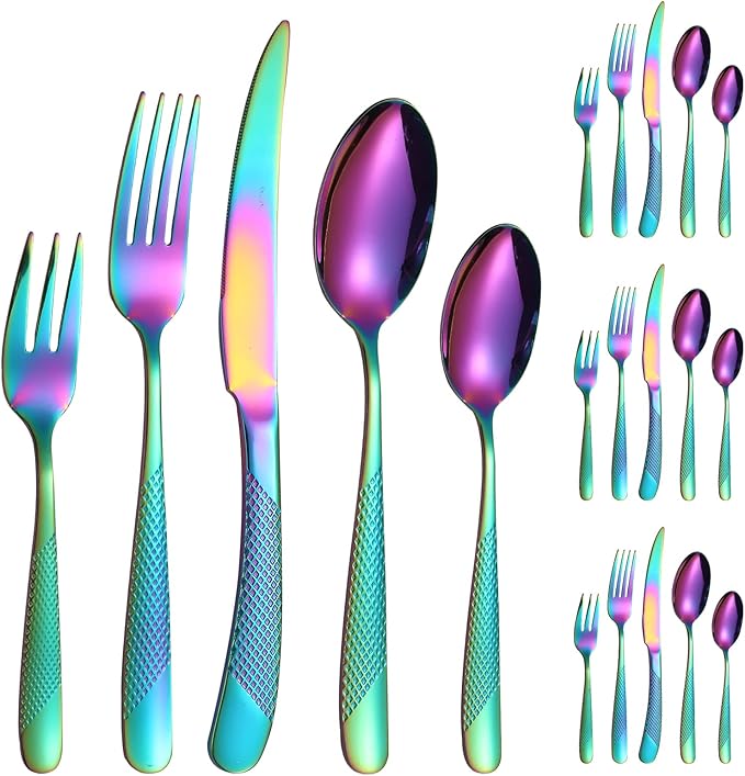 Hammered Silverware Rainbow Stainless Steel Flatware Set for 4 include Forks Spoons and Knives Modern Eating Utensils for Kitchen Restaurant Parties Everyday Uses