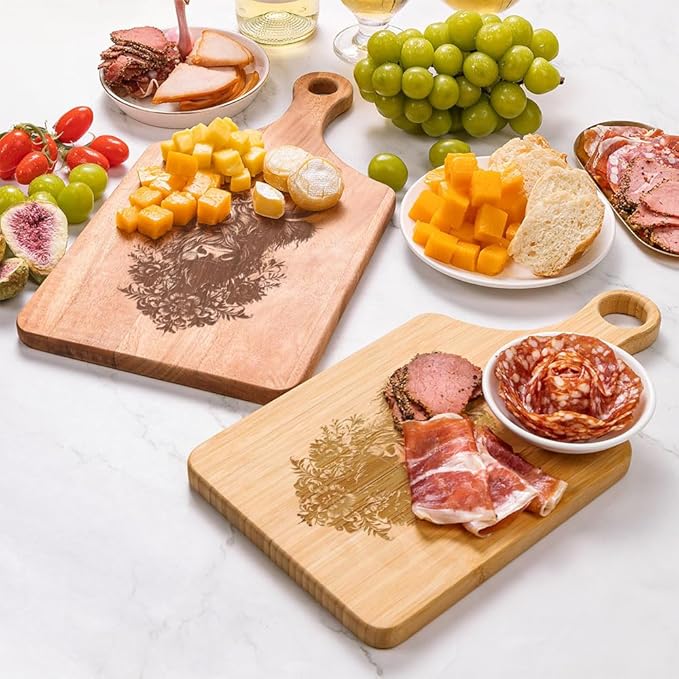 Personalized Wood Engraved Charcuterie Boards with Handle - Custom Reversible Cutting Board S M L - Customized Housewarming Gifts for Family Friend(Cow)