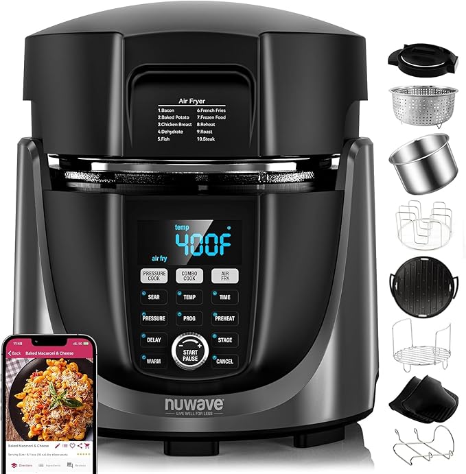 Nuwave Duet Air Fryer, Electric Pressure Cooker & Grill Combo, 540 IN 1 Multicooker with 3 Removable Lids, Slow Cook, Sautés, Dehydrator, 18/10 SS Pot, Sure-Lock Safety Tech & 13 Deluxe Accessories