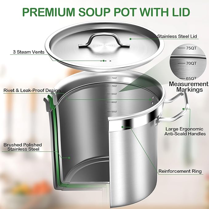Extra Large Stock Pot 75 Quart – Heavy Duty Stainless Steel Soup Pot with Lid – Commercial Grade Cooking Stockpot for Boiling, Canning or Large Family Meals