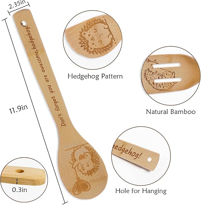 5PCS Hedgehog Wooden Cooking Spoons Kitchen Decor Hedgehog Gifts for Women Men Hedgehog Lovers Birthday Gifts Party Favors Housewarming Wedding Bamboo Cooking Spoons for Everyday Use