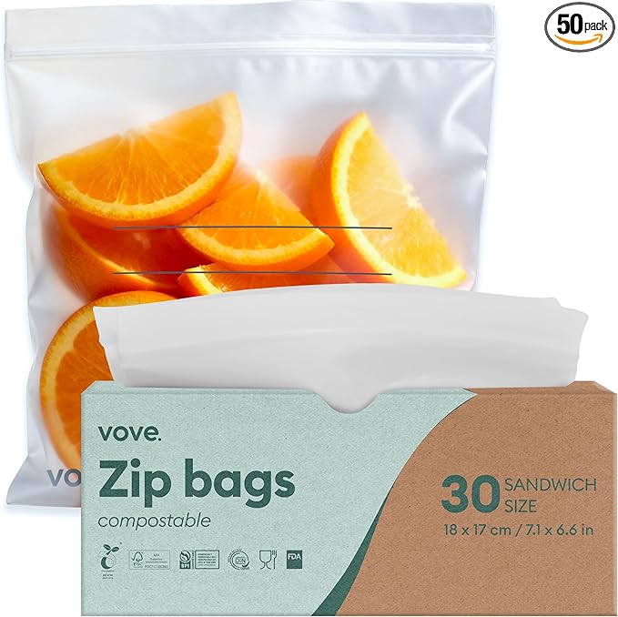 Vove Compostable Sandwich Bags, Medium 30 Count – Freezer Safe, Leak Proof, Non Toxic, Writable Surface for School Lunches & Meal Prep, Eco-Friendly