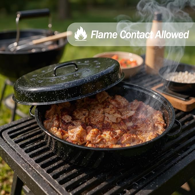 Enamel Roaster Pan With Lid and Rack Set 13"19"Granite Roasting Pans, Oval Large Turkey Baking Pan Suitable for Cooking 20lb Poultry and Beef Resists up to 932°F Oven Cookware