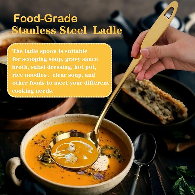 Soup Ladle, 2Pcs Stainless Steel Ladle spoon, 12.2Inch Metal Long Handle Serving Spoon for Cooking Buffet, Party, Kitchen, Gold