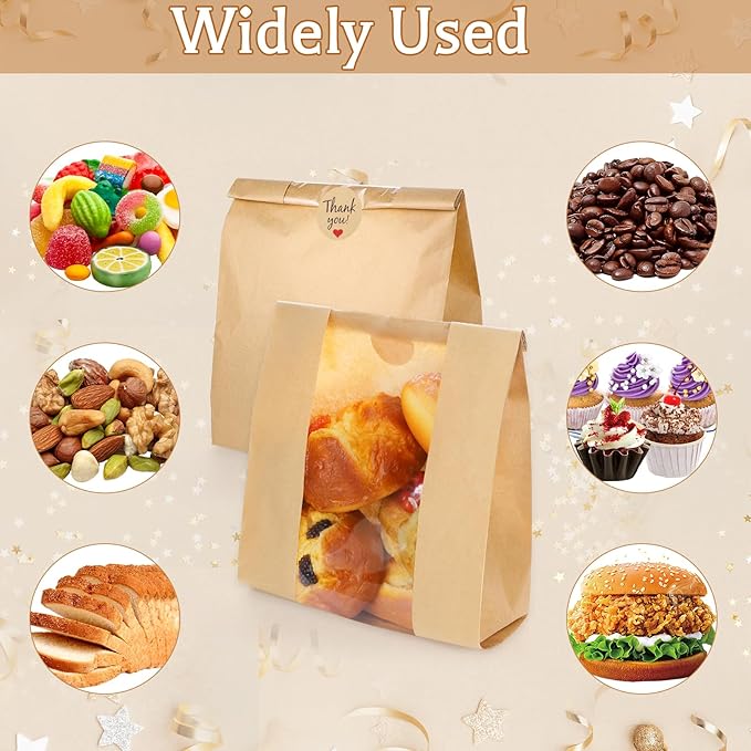 130 Pack Homemade Bread Sourdough Bags, 14" x 8.3" x 3.5" Large Paper Bread Bag with Tin Tie Tab Lock Clear Front Window Stickers for Bakery Storage Christmas Thanksgiving Harvest Party