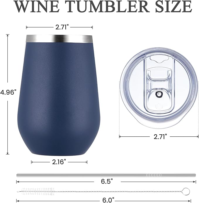 MEWAY 12oz/8 Pack Wine Tumbler Glasses with Lid - Stemless Double Wall Vacuum Stainless Steel Tumbler Keeping Cold & Hot for Wine,Drinks - Family and Gifts, Ideal for Travel and Office(Navy,Set of 8)