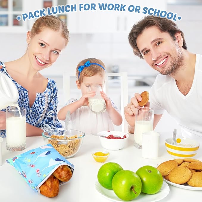 Chumia 6 Pcs Reusable Snack Bags Christmas Gifts Food Safety Washable Snack Bags Lunch with Zipper Portable Sandwich Bag Food Storage Pouch Double Layer(Stylish,7 x 7 Inches)