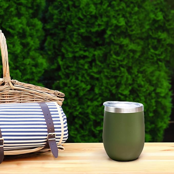 12 oz Insulated Wine Tumbler with Lid and Straw,Stainless Steel Stemless Wine Tumbler Glasses Double Wall Vacuum Wine Cups Tumbler Bulk for Champaign,Cocktail,Office(Navy Green,8)