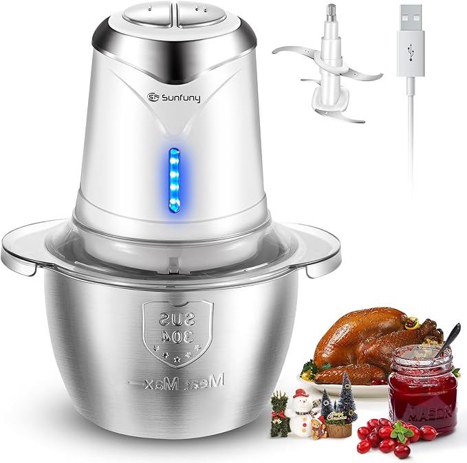 Food Processor Cordless Vegetable Chopper with 5 Cup Stainless Steel Bowl＆6000mAh USB Rechargeable Battery, Electric Garlic Meat Choppers BPA-free Baby Food Processors Blender Mincer, Xmas Gift(White)
