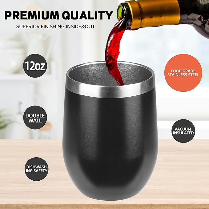 StarSpeed 12oz/8 Pack Wine Tumbler with lid, Stainless Steel Travel Mugs Stemless Double Wall Insulated Coffee Cup, Insulated Wine Glasses Travel Tumbler for Cold & Hot Drinks(Black, 8)