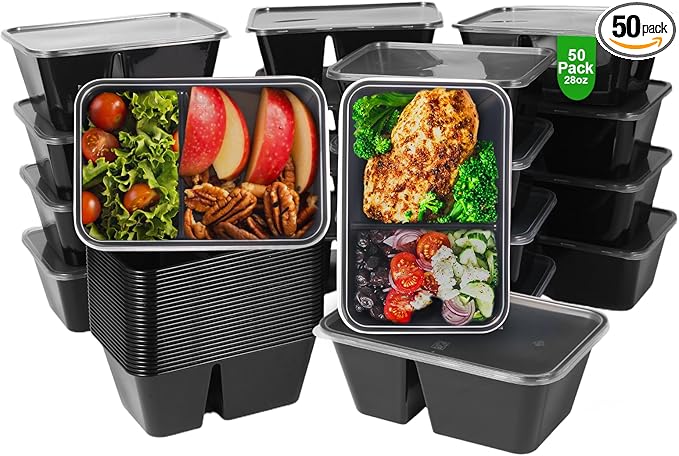 50Pack 32oz Meal Prep Containers, 2-Compartment Disposable or Reusable Food Storage Containers with Lids, Plastic Stackable To Go Boxes Microwave, Freezer, Dishwasher Safe