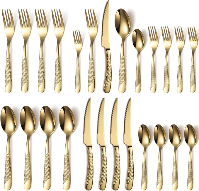 Silverware Set 20-Piece Stainless Steel Gold Flatware Set for 4 Cutlery Tableware Utensils Set Including Fork Spoon and Knife for Home Restaurant Hotel