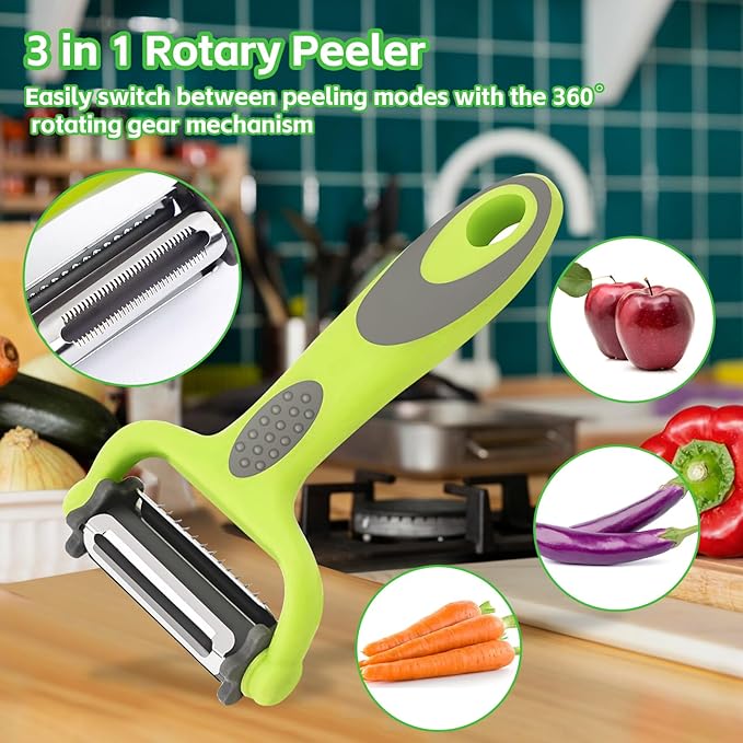 3 in 1 Vegetable Peeler for Kitchen, Potato Apple Peelers for Fruit Carrot Zucchini Cucumber Veggie, Y Vegetable Peeler 3 in 1 Serrated Blade and Standard Blades Spin Design, Anti-Slip Handle