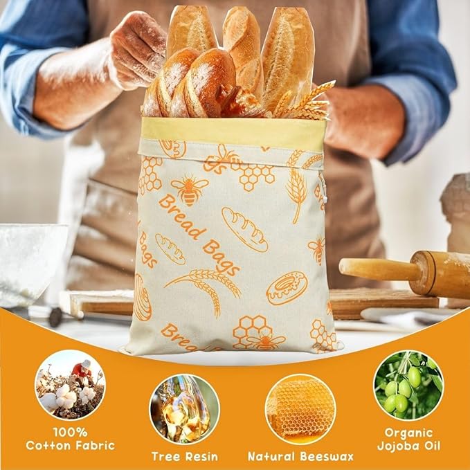 Reusable Beeswax Bread Bags for Sourdough & Homemade Bread - 2 Pack Extra Large (17x12in) Organic Cotton Linen Storage Bags | Freezer Safe, Eco-Friendly, Plastic-Free Freshness Keeper