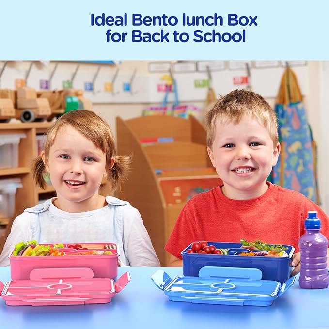 Jelife Bento Lunch Box - Kids Prints Leakproof 4 Compartments Large Bento-Style Bento Box Toddler Lunchbox Containers with Tableware Back to School, Reusable On-the-Go Meal and Snack Packing, Dianosar