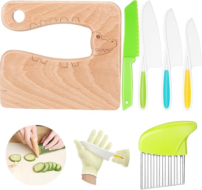 7 Pieces Christmas Wooden Kitchen Knife for Kids Include Plastic Potato Slicers Cooking Knives Serrated Edges Toddler Knife Kids Plastic Knife Resistant Gloves for Kitchen Children (Crocodile)