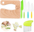 7 Pieces Christmas Wooden Kitchen Knife for Kids Include Plastic Potato Slicers Cooking Knives Serrated Edges Toddler Knife Kids Plastic Knife Resistant Gloves for Kitchen Children (Crocodile)