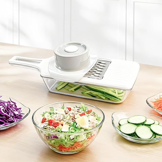 Mandoline Slicer for Kitchen with Drain Box, 6-in-1 Vegetable & Cucumber Slicer with Safety Guard, Extended Handle, Easy Clean Slice-Rinse-Store Design for Salad Prep & Daily Cooking