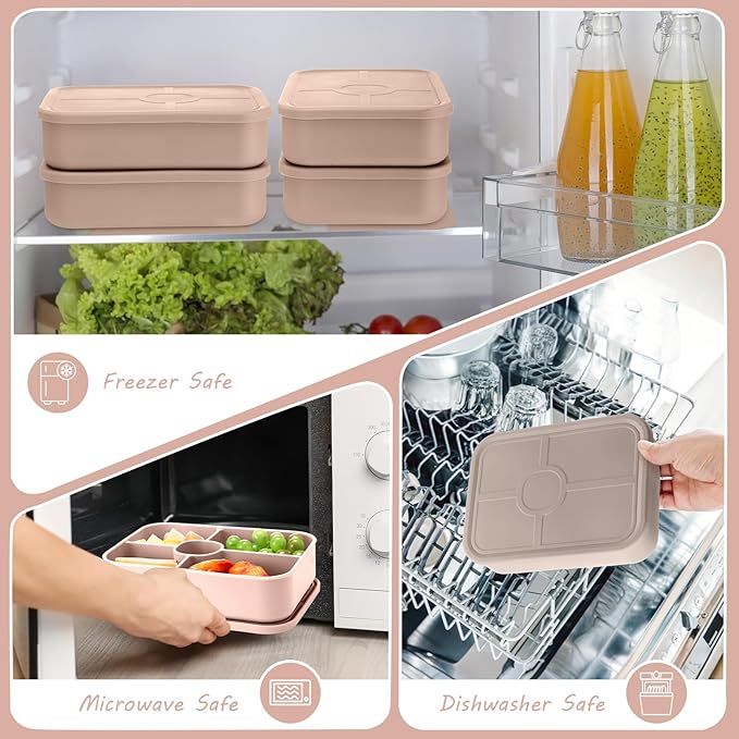 4 Pack Silicone Bento Boxes for Adults, 5 Compartment Reusable Lunch Containers with Sauce Section, Leakproof Meal Prep Snack Box Microwave & Dishwasher Safe for Work School Office(Light Color)