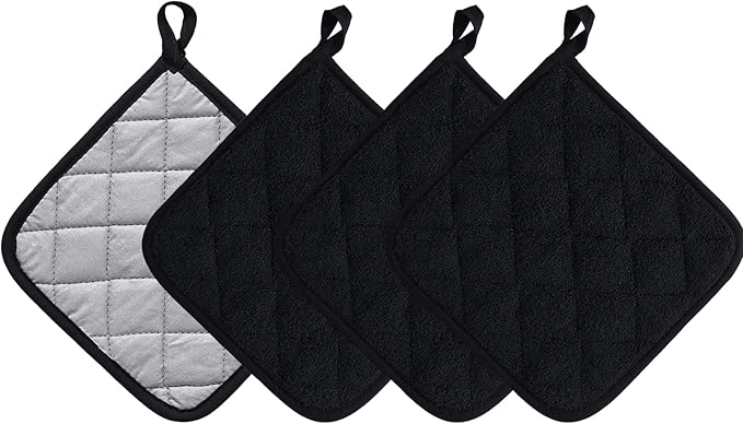Kitchen Pot Holders Set Heat Resistant Pure Cotton Potholders Kit Trivets Large Coasters Hot Pads Terry Pot Holders for Everyday Cooking and Baking by 7 x 7 Inch Set of 4 Black