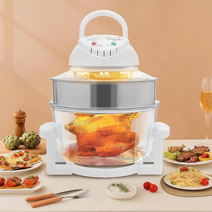 17.96Qt Turbo Air Fryer, 1400W Glass Air Fryer with Expansion Ring, 360° Viewable Halogen Oven for Family Cooking