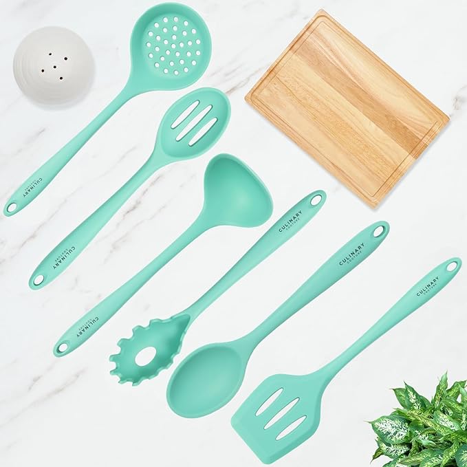 Culinary Couture Aqua Sky Silicone Cooking Utensils Set - Sturdy Steel Inner Core - Spatula, Mixing & Slotted Spoon, Ladle, Pasta Server, Drainer - Heat Resistant Kitchen Tools - Bonus Recipe Ebook