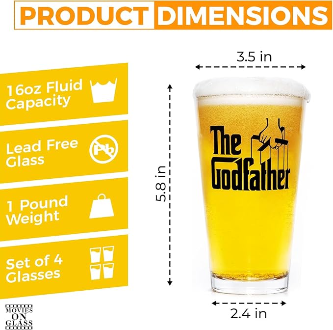 The Godfather Printed Pint Beer Glass - Officially Licensed, Premium Quality, Handcrafted Glassware, 16oz. Set of 4 - Perfect Collectible Gift for Movie Enthusiasts & Special Occasions