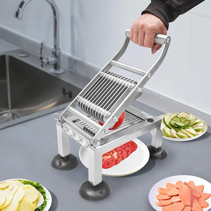 Manual Vegetable Slicer Heavy Duty Tomato Slicer 10mm/0.39in Stainless Steel Fruit Vegetable Cutter with 4 Suction Cups for Onion Cucumber Tomato Apple within 2.76in 4 Suction Cups