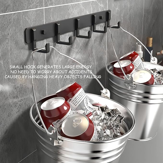 LUYU Matte Black Aluminum 5-Hook Wall Rack - 35lb Total Capacity Bathroom Organizer with Universal Anchors, 14" Space-Saving Design for Towels & Keys (2 Pack)