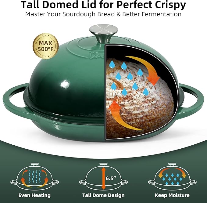 Davivy 6QT Oval Dutch Oven for Sourdough with Lid, Cast Iron Bread Oven Bread Pan with Silicone Baking Mat, Cast Iron Bread Pan Sourdough Bread Cloche Dutch Oven- Forest Green