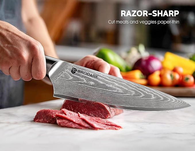 BRODARK Damascus Chef Knife 3 PCS, VG10 Steel Full Tang Sharp Professional Japanese Chef Knife Set for Kitchen, Christmas, Ergonomic Pakkawood Handle Damascus Knife Set with Gift Box