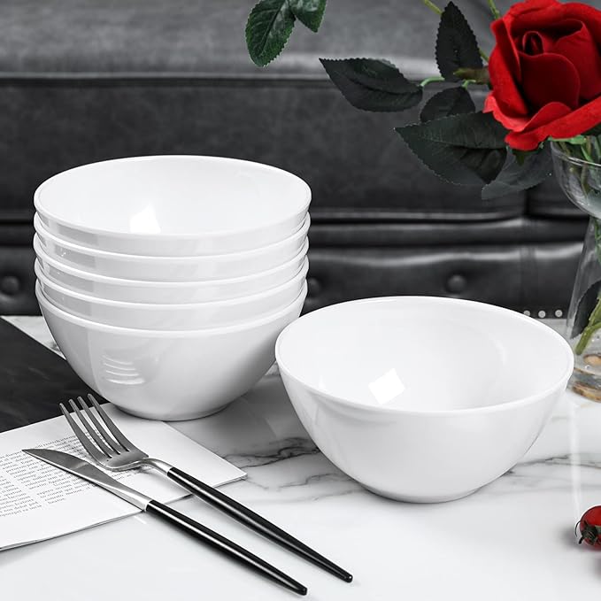 Melamine Cereal Bowls - 28oz White Melamine Bowls,6Pcs Soup Bowls Set for Kitchen,Unbreakable,Dishwasher Safe