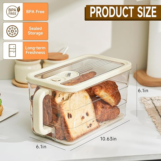 Bread Storage for Kitchen Counter | Cookie Keeper with Date Dial, Lid, and Detachable Handle, Fruits & Veggies Container, 6qt Clear Breadbox for Homemade Bread, Toast, Bagels, Donuts