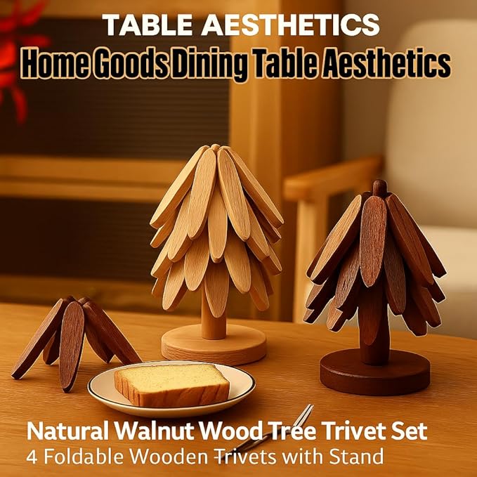 Natural Walnut Wood Tree Trivet Set – 3 Foldable Wooden Trivets with Stand, Handmade Heat Resistant Coasters for Hot Dishes, Pots & Pans, Premium Kitchen Décor Gift
