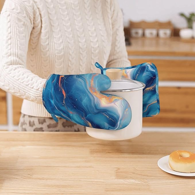 Oven Mitts and Pot Holders Blue Gold Marble Silicone Kitchen Accessories Set of 4 Heat Resistant Long Gloves Potholder Non-Slip Grip for Chef Cooking Baking Grilling BBQ
