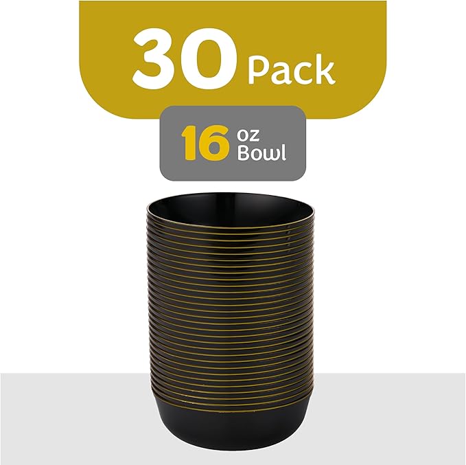 [30 Pack 16 OZ Bowls] Edge Collection Black with Gold Rim Plastic Party Soup Bowls Premium heavyweight Elegant Disposable Tableware Dishes