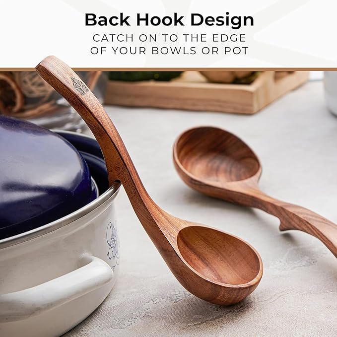 Wooden Ladle for Soup, 3 Size Teak Wood Ladle Spoon with Back Hooks for Pot & Bowl, Non-Stick Wooden Spoon Set for Cooking, Serving and Stirring
