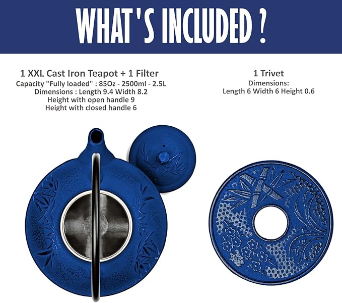 XXL Japanese Cast Iron Teapot with Infuser & Matching Trivet - Large 85 Oz/2500ml Tetsubin Loose Leaf Tea Pot with Enamel Interior - Handcrafted Big Cast Iron Tea Kettle Humidifier Set - Blue