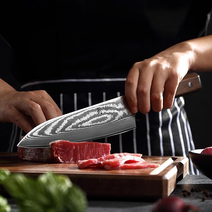 Wakoli HIK Damascus Chef Knife – Full Tang Kitchen Knife | 8-Inch Blade Made of 67-Layer Damascus Steel with VG10 Core | Walnut Wood Handle | Sharp, Durable, Gift Box Included