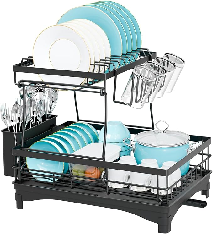 Dish Drying Rack 2-Tier, Large Dish Drying Rack for Kitchen Counter, Double Rustproof & Auto-Drain Multifunctional Organizer with Removable Utensil Holder, Cup Holder, for Plates, Cups, Knife fork